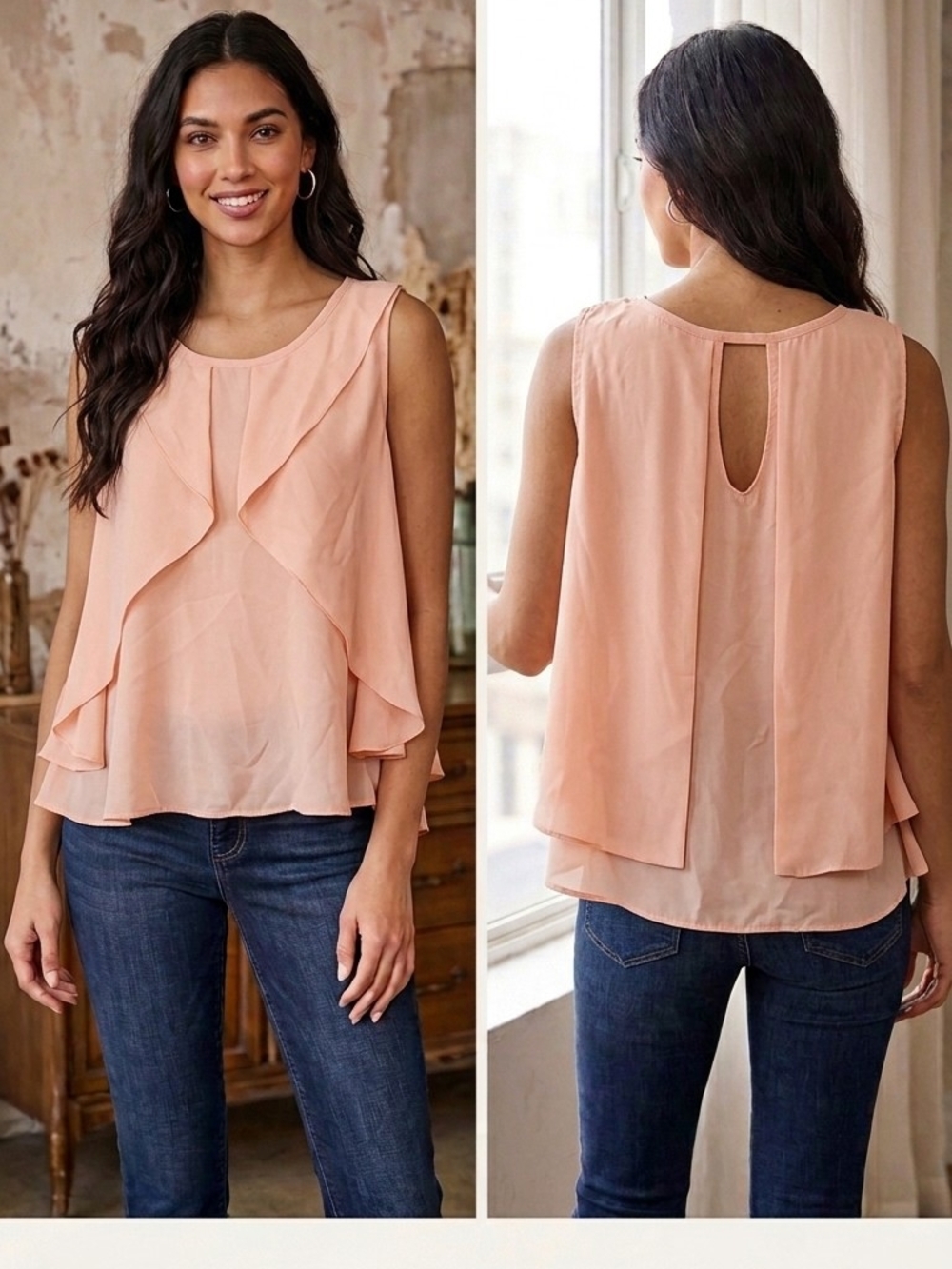 Peach Layered Ruffle Sleeveless Blouse